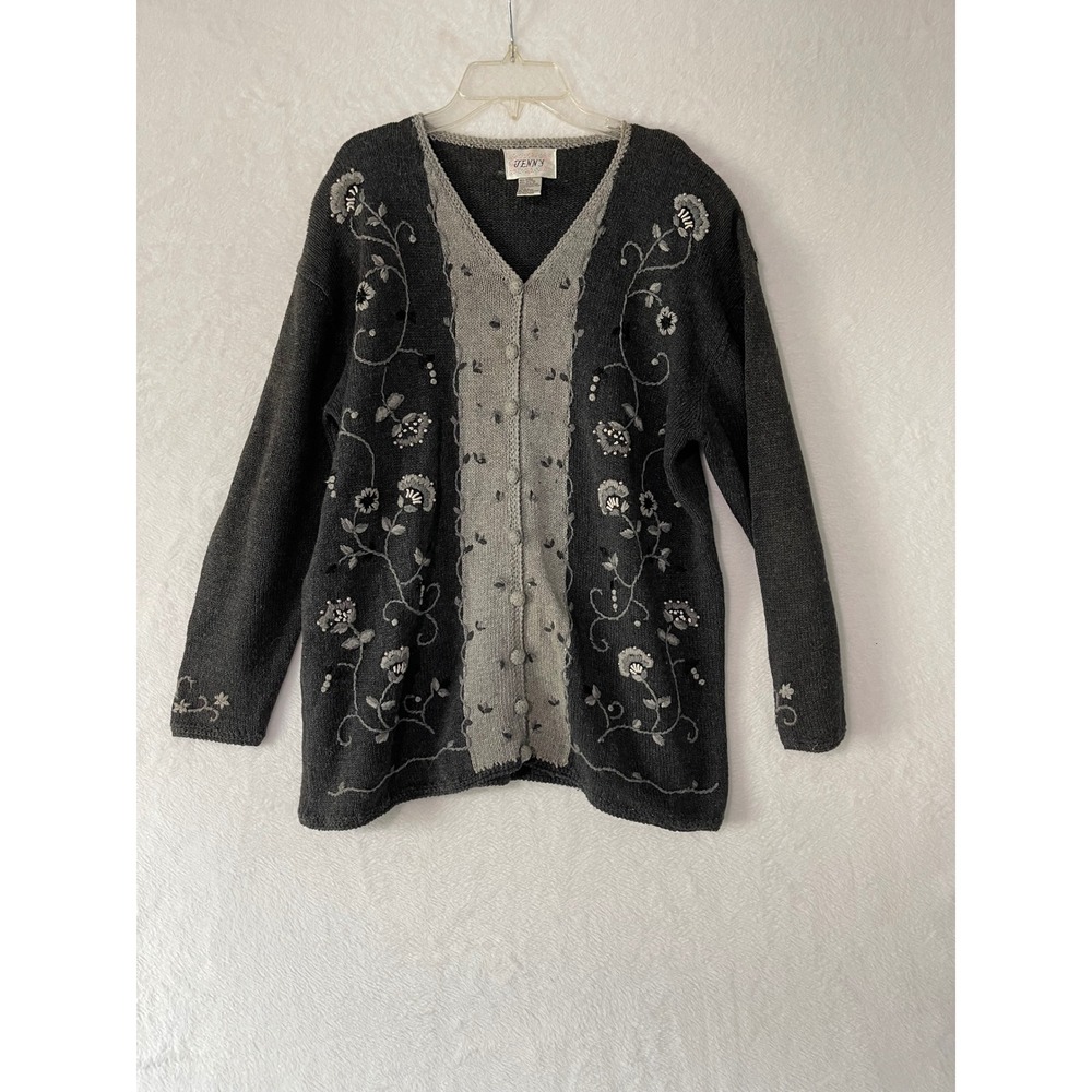Vintage Jenny Floral Embroidered Beaded Cardigan Sweater Gray Ramie Cotton Large